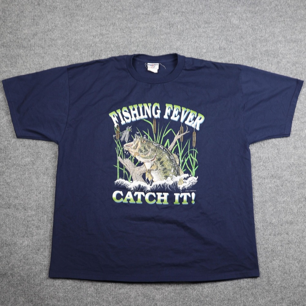 Fishing Fever Shirt Mens 2XL Navy Blue Graphic Bass Fishing Catch It Jerzees